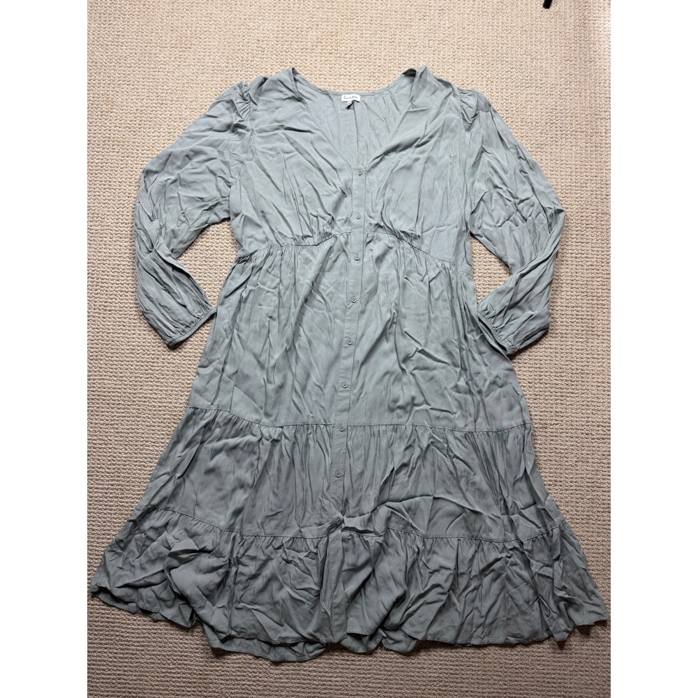 Love Fire Womens Sage Green Tiered Midi Dress Button Front V-Neck 1X BFDW9603P
